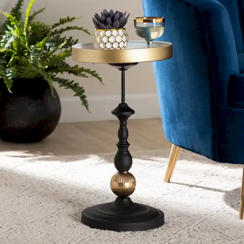 Javion Modern Glam Round Accent Side Table - Black & Gold Metal End Table with Tray Top for Indoor or Semi-Outdoor Use
