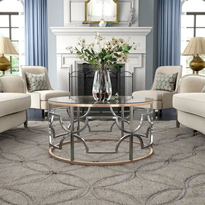 DH BASIC Modern Style Chrome and Gold Round Open Coffee Table by