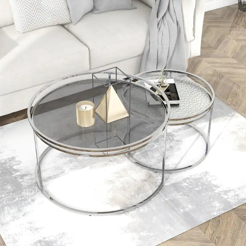 Elema Glam Chrome Glass Top 2-Piece Nesting Tables Set by