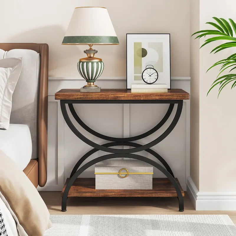 2-Tier RectangularWood Metal End Side Accent Table Nightstand