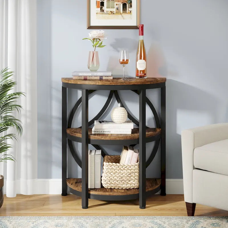 Half Round End Table, 3-Tier Narrow Side Table